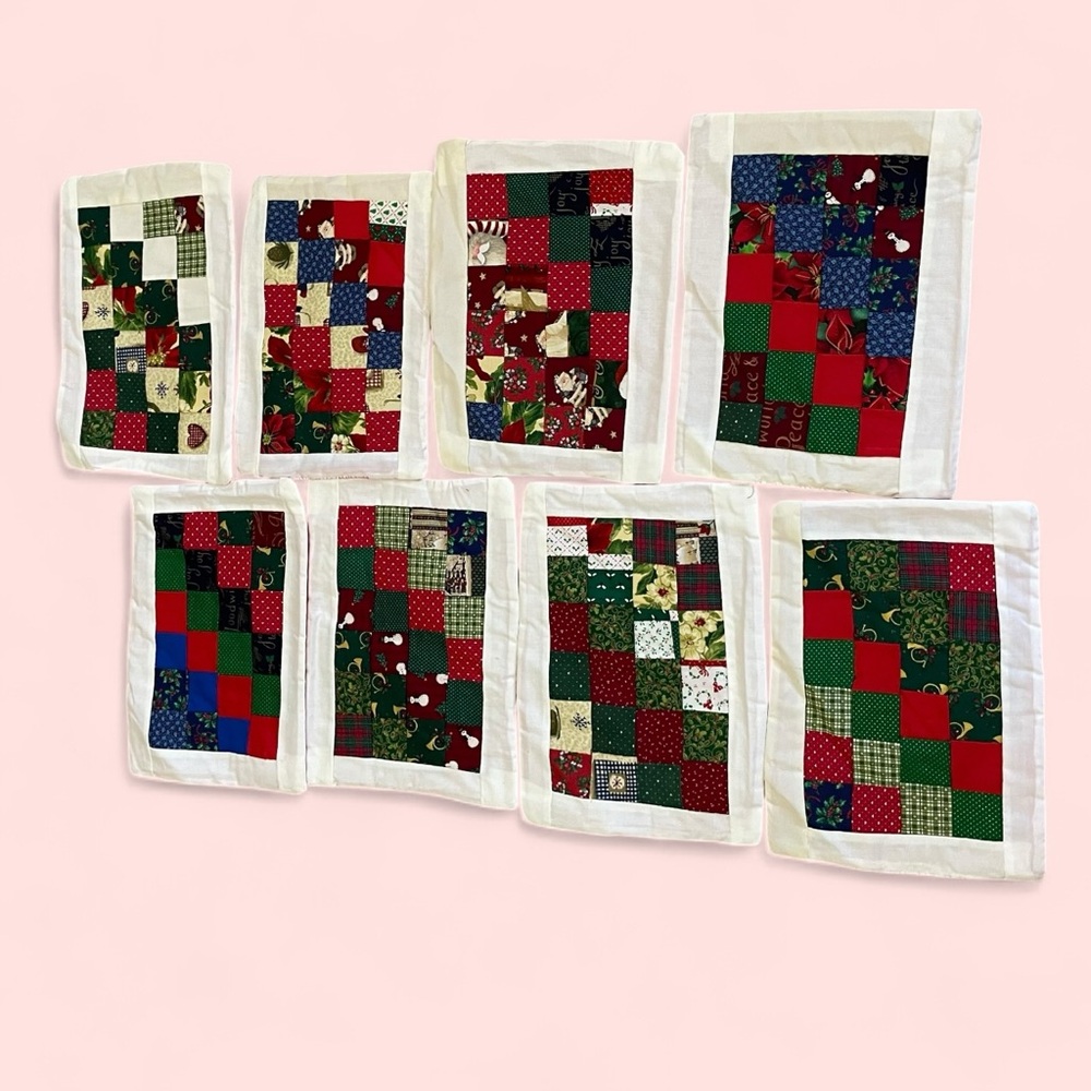 Vintage handmade holiday quilted square pattern placemats set of 8 13.5” x 10”